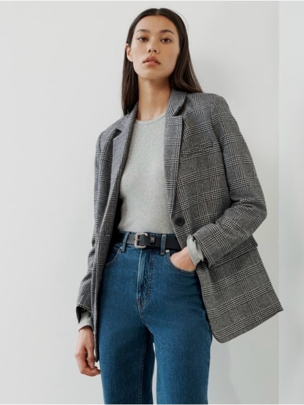 $228 NWOT Everlane Wool Black White Glen Plaid Oversized Blazer Jacket Coat 14